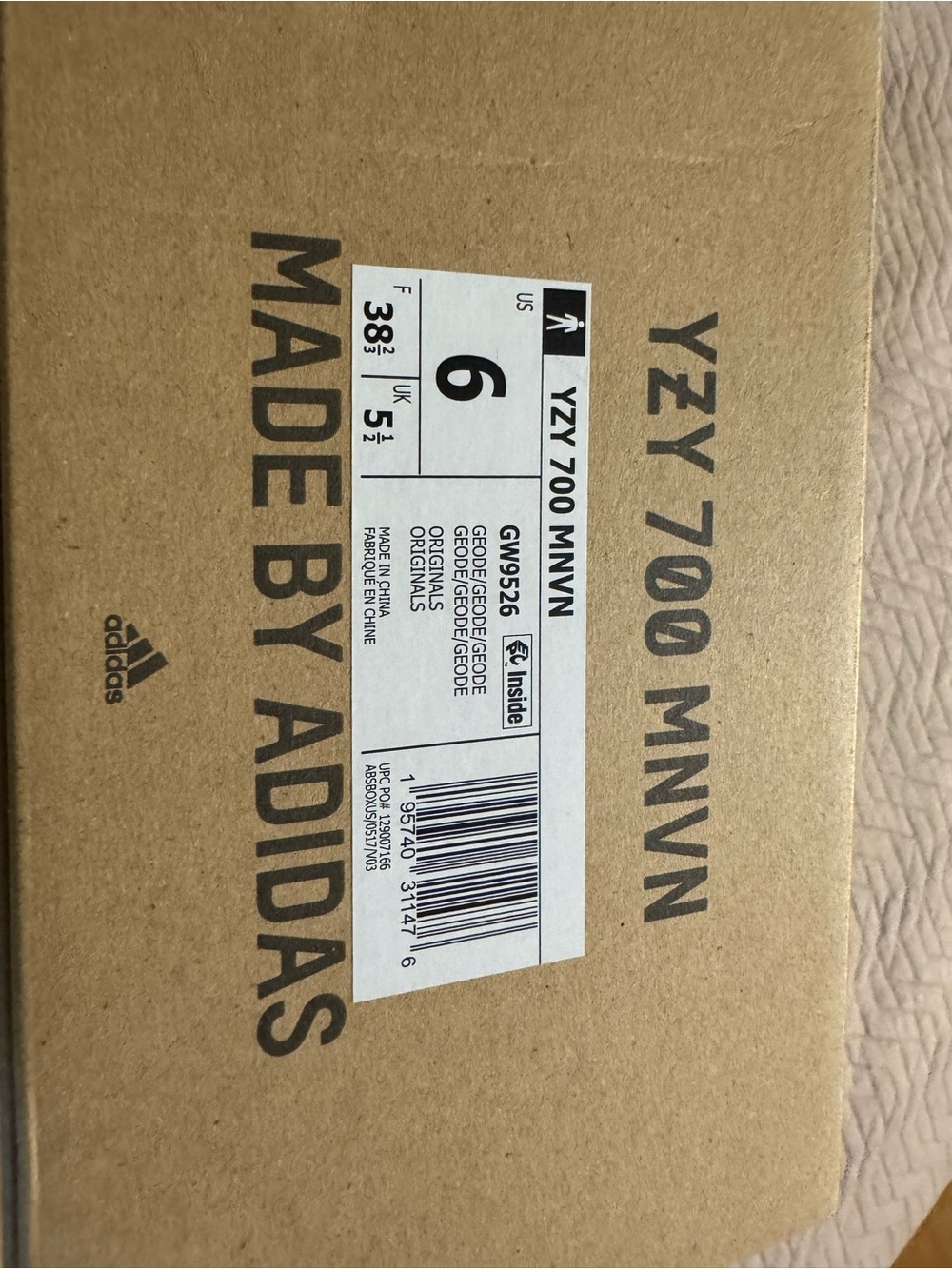 adidas YZY 700 MNVN Brown Cardboard Shoe Box with Black Print